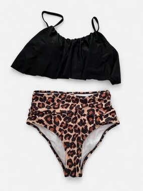 Two-Piece Bikini Set with Black Ruffled Top & Leopard High-Waist Bottoms